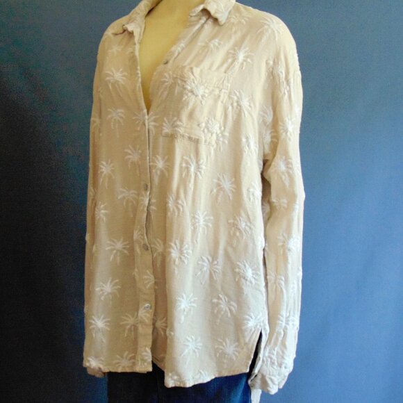 Malai Sand Palm Embroidered White Palm Trees Viscose Linen Cover up Shirt L - Picture 6 of 12